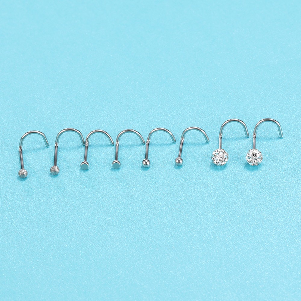 8pcs / Lot Anting Tindik Hidung Bahan Stainless Steel Bentuk Bulat Kristal 20g Warna Silver