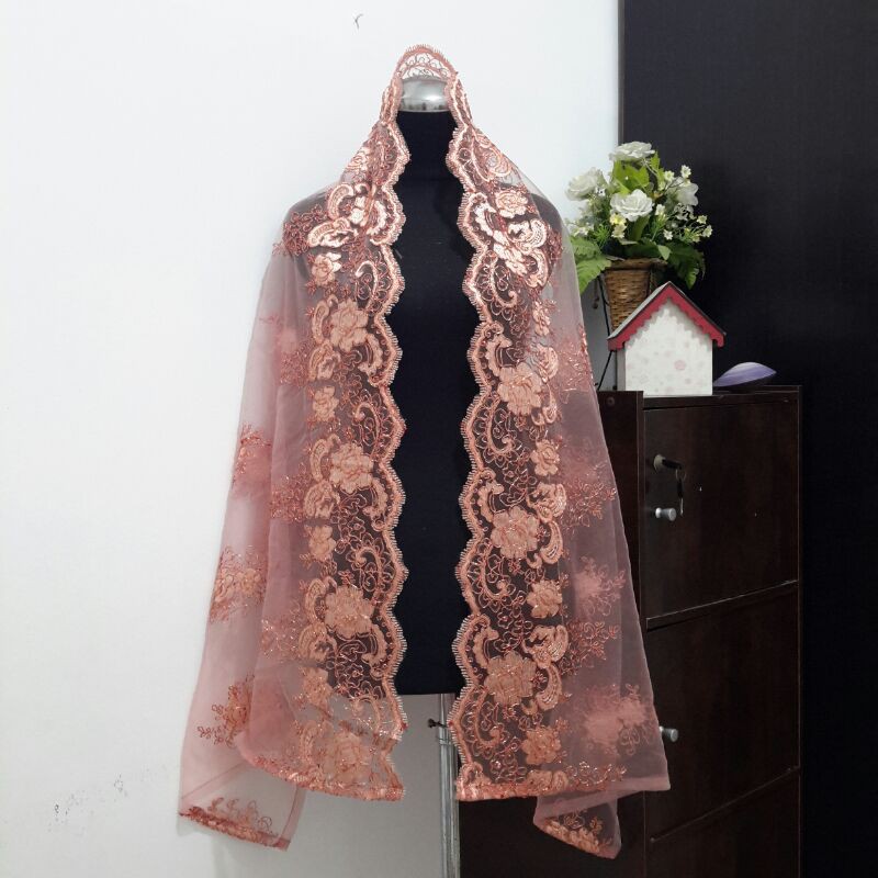 Slayer pengantin PREMIUM dusty pink rosegold peach hitam / kerudung manten / selendang kebaya-Rose peach