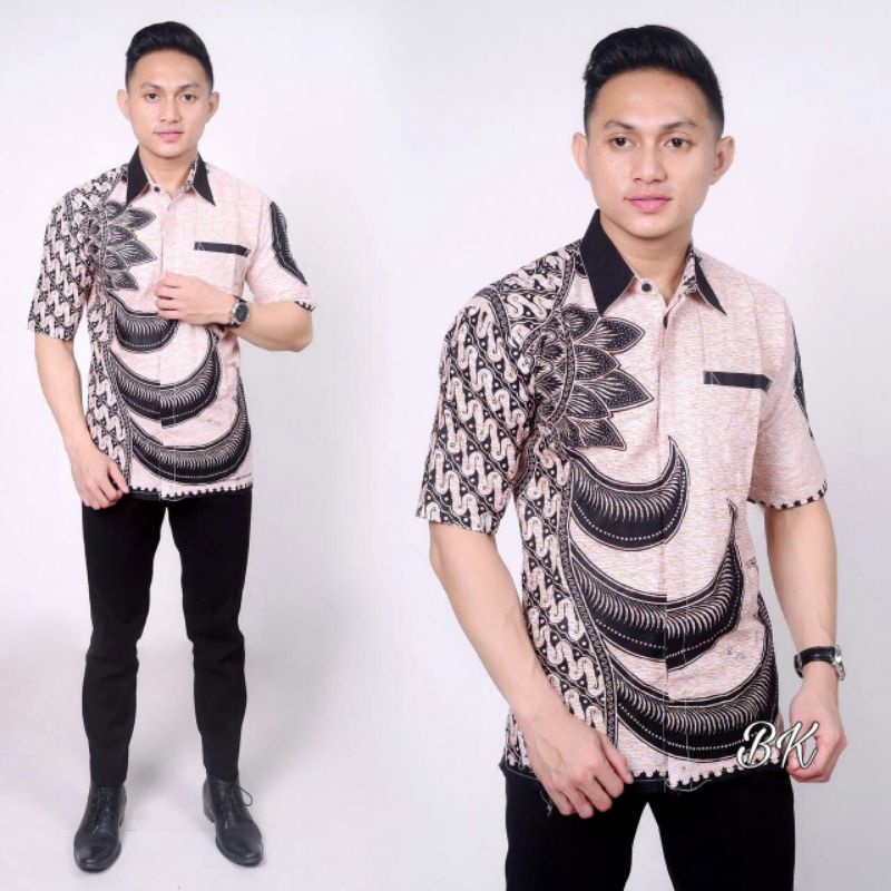 BSWART Batik HRB026 Kenongo Hem Pendek Padi Pekalongan M L XL Batik Pria MURAH Modern Grosir-Sabit.