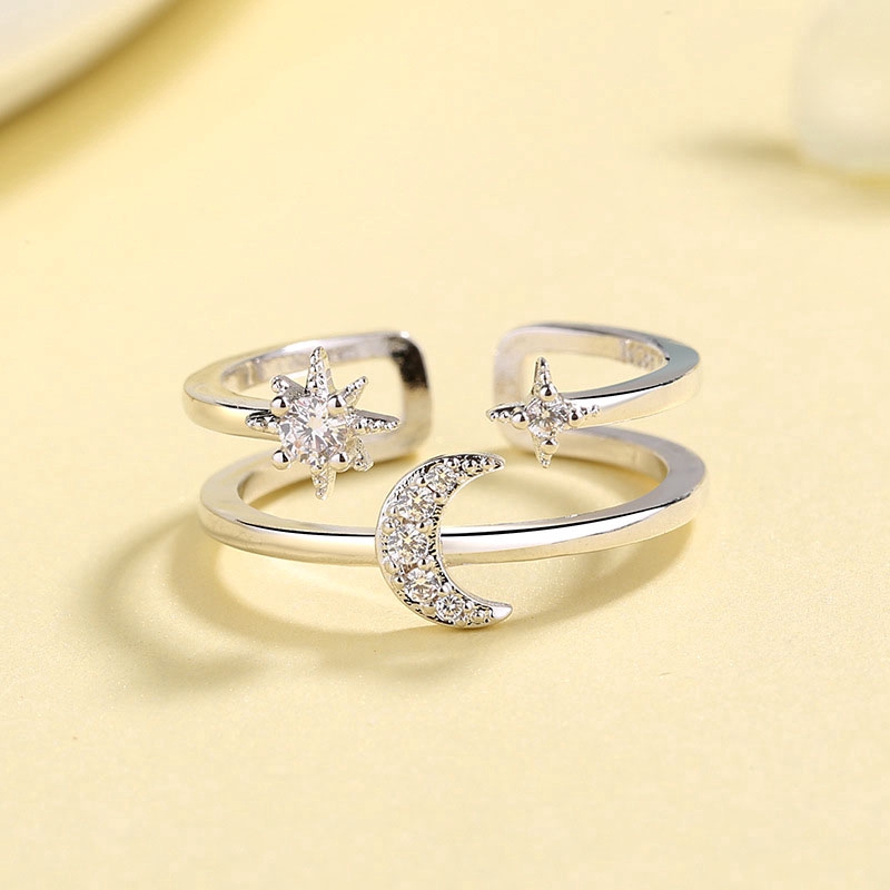 Cincin Open Ring Adjustable Desain Bulan / Bintang Hias Zircon Mikro untuk Wanita