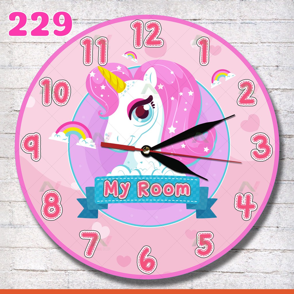 229 JAM DINDING UNIK MURAH MOTIF KARTUN KARAKTER UNICORN PINK DEKORASI INTERIOR RUANG ANAK Shopee Indonesia