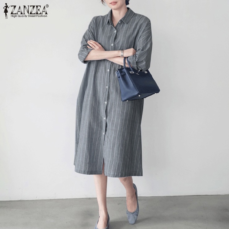 ZANZEA Women Fashion Casual Full Sleeve Cotton Stripe Printed Retro Elegant Midi Dress