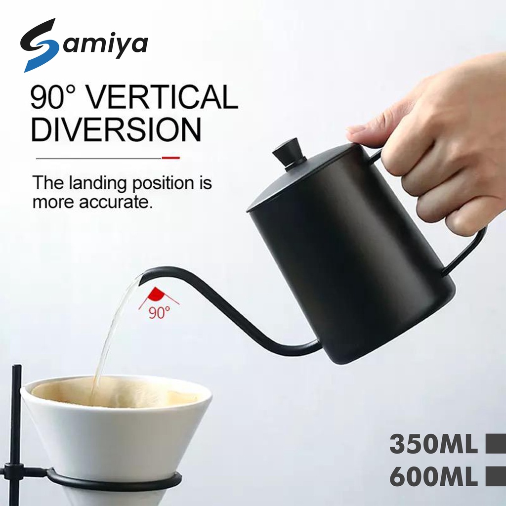 Gooseneck kettle teflon hitam black / teko kopi leher angsa stainless teflon 350ml 600ml with lid