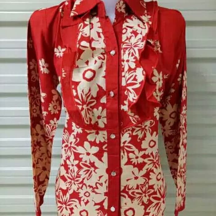 Blouse wanita Atasan baju wanita blouse katun rayon lengan panjang motif batik - Hijau Tosca, Fit L