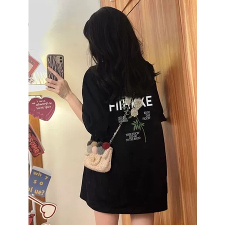 EUNII T-shirt Lengan Pendek Retro Bahasa Inggris Bunga Pencetakan Longgar Korean Style/Kaos Atasan Wanita/Baju Kaus Oversize Wanita