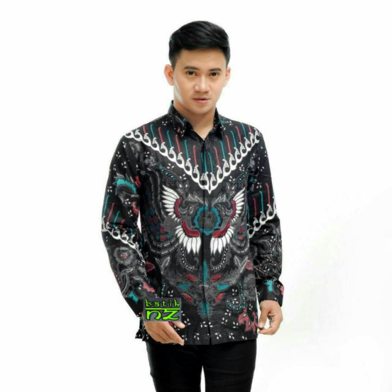 Batik Pria Lengan Panjang BATIK AZMIL HRB026 motif KERATONAN Kode 002 size M L XL XXL Reguler-Kupu abu