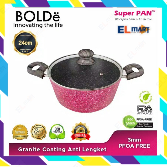 BOLDe Super Pan granite Casserole 24cm Blackpink + glass lid - panci BOLDE casserole blackpink