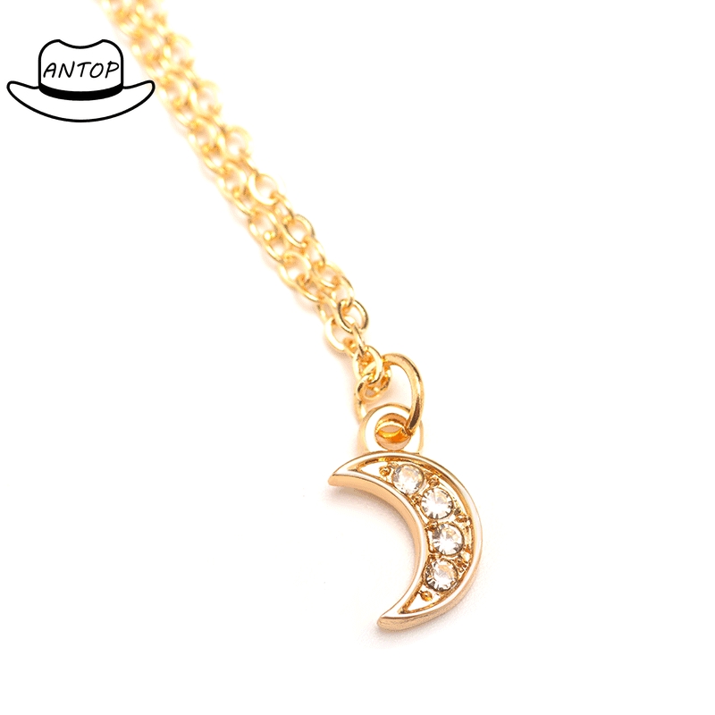 Antop！Moon Pendant Necklace Rhinestone Jewelry Dengan Rantai Pendek Klavikula Kalung Berlian Chain