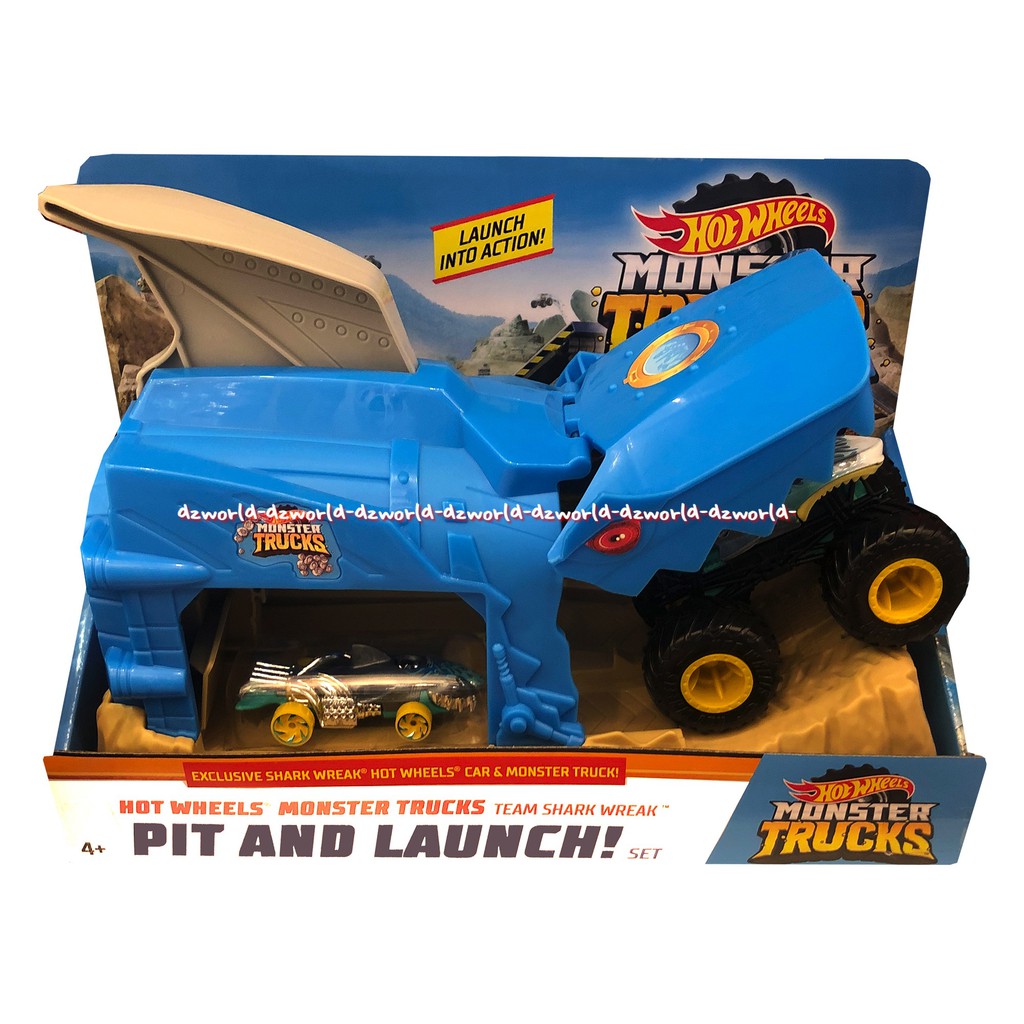 Hot Wheels Monster Truck Shark Wreak Pit and Launch Mainan Mobil Truk Hiu