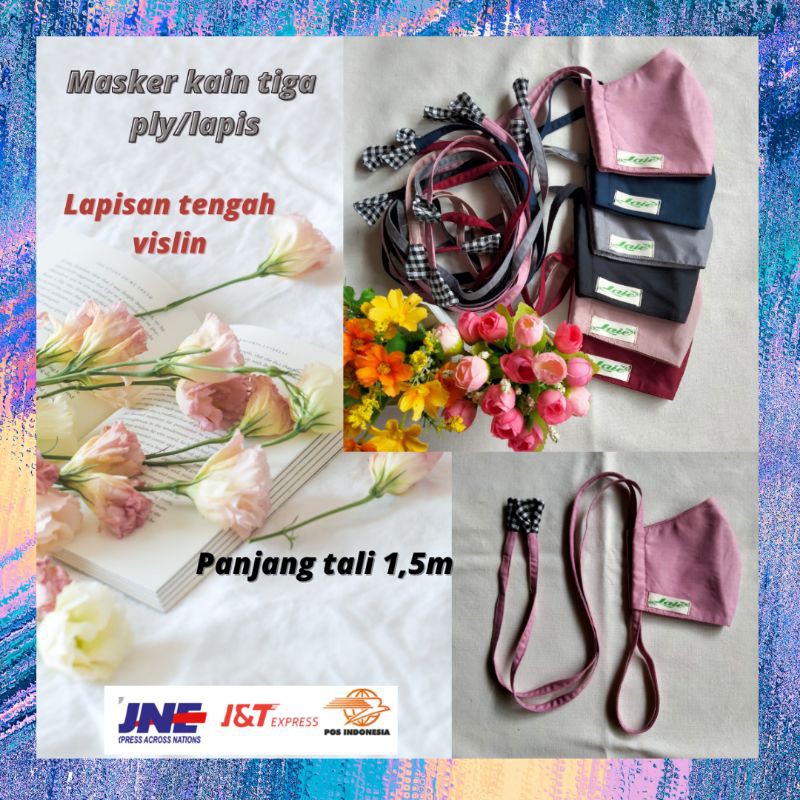 Masker Kain Polos Tiga 3Ply Lapis Tali Ikat Hijab Headloop Katun Tali Serut