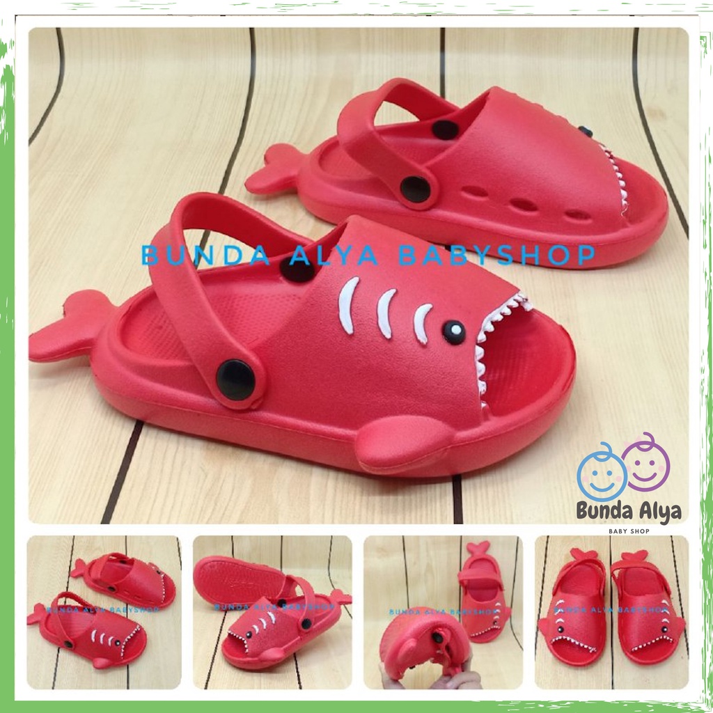 Sendal Anak Laki Laki IMPORT Usia 3 4 5 Tahun Baby Shark Lentur Elastis - Sepatu Sandal Slop Anak Cowok Model Ikan Lucu MERAH Sendal Anak Cowok Cewek Kret Anti Licin Sendal Slop Anak Tali Belakang Nyaman Dipakai Size 24-28