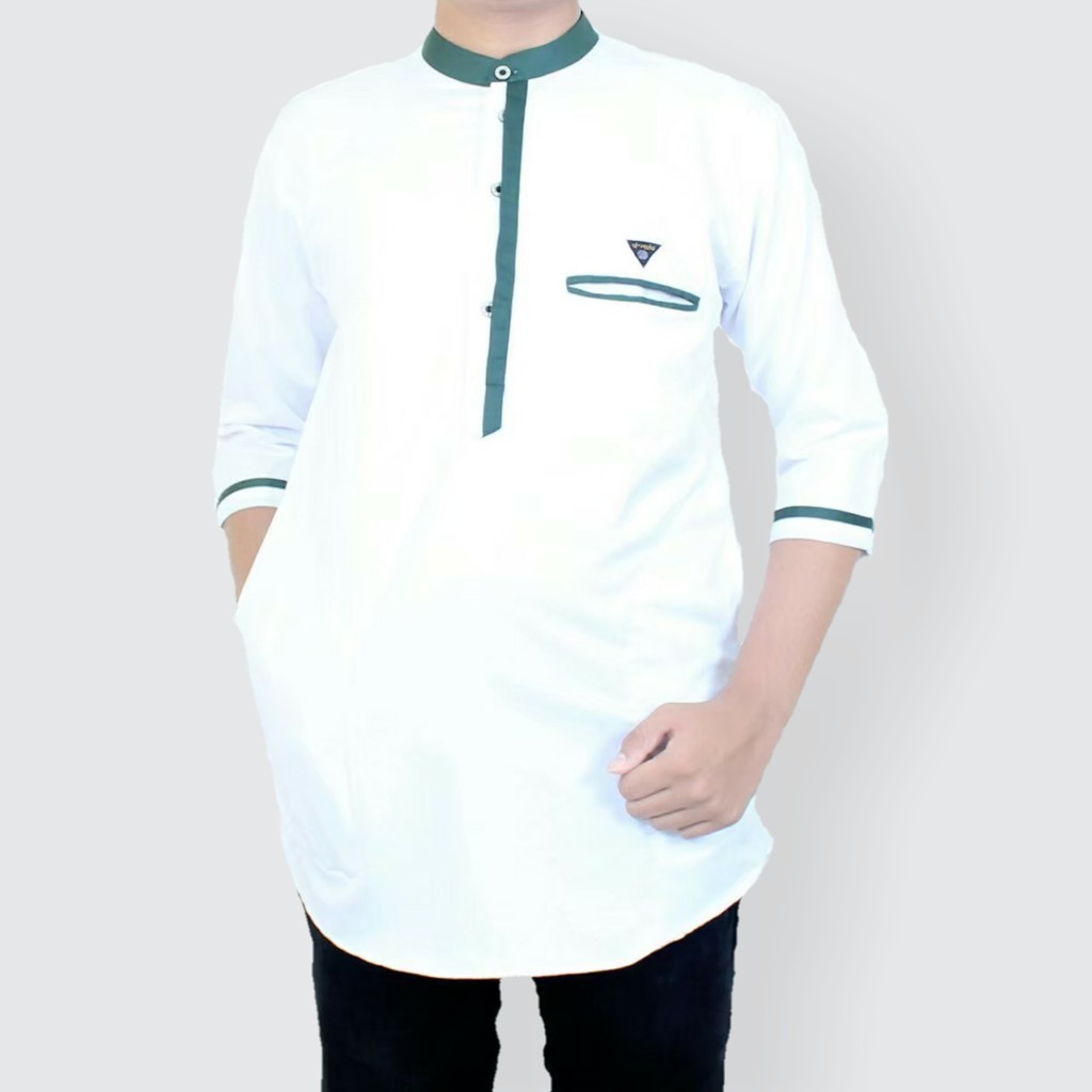 Koko Ikhwan Dewasa Kurta Ayah Pakistan Premium Bahan Toyobo Warna Putih List Hijau Botol Lengan 3/4