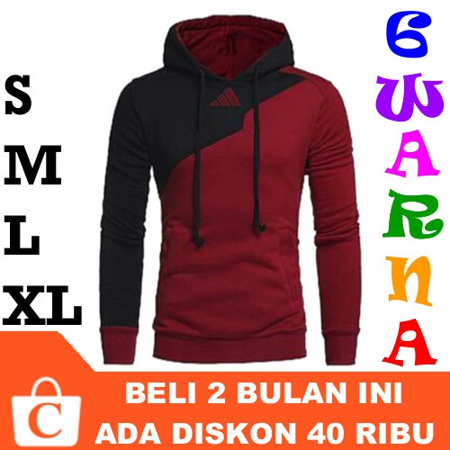 6 WARNA S M L XL - Jaket Hoodie Pria Lengan Panjang Polos Sablon Logo HITAM Kombinasi MERAH MAROON