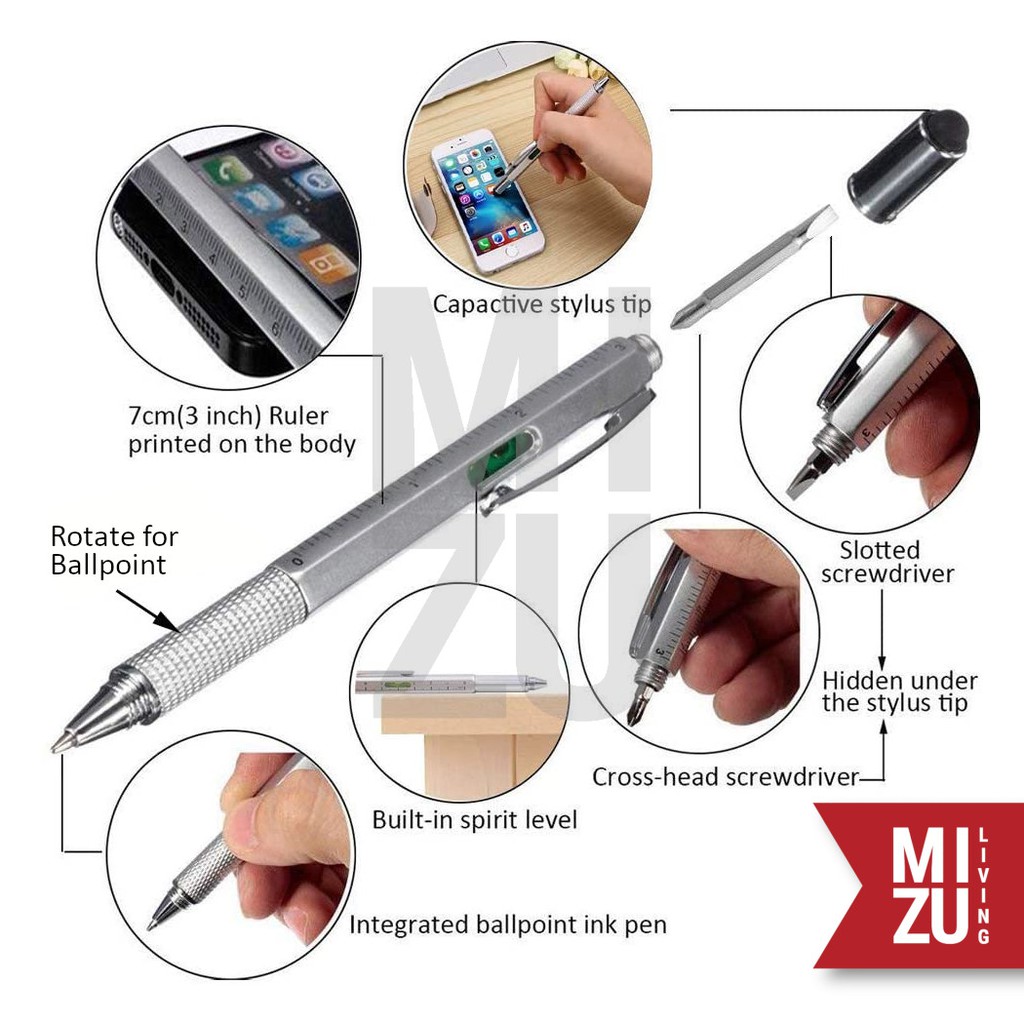 MIZU HYDROSTYLO 6in1 Stylus Ruler Waterpass Screwdriver Ballpoint Pen Pulpen Penggaris Obeng