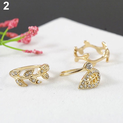 Hu Hu Hu Hu Hu Alat Bantu Pasang Kacamata♡ 3pcs Cincin Knuckle Desain Daun Bahan Alloy Warna Emas / Silver Hias Berlian Imitasi Untuk Wanita