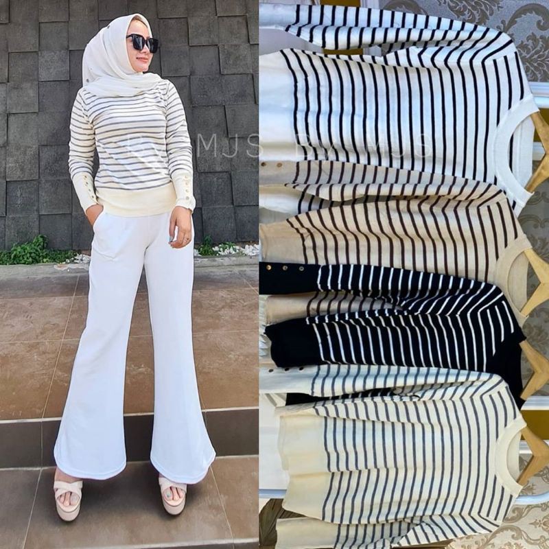 Atasan Rajut Aplikasi Kancing/Kaos/Top Silvia Cream Import by MJS