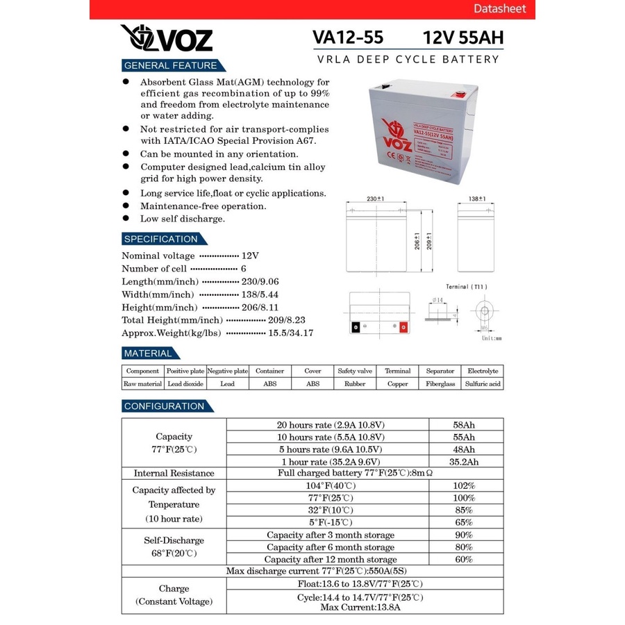 VOZ VRLA Deep Cycle 12V 55Ah/55 Ah Aki Kering Baterai Battery ORIGINAL