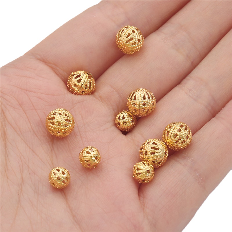 18K Gold Plated 10Pcs 6 8mm Copper Round Loose Flower Ball Beads for DIY Necklace Bracelet Jewelry Findings Making Accessories