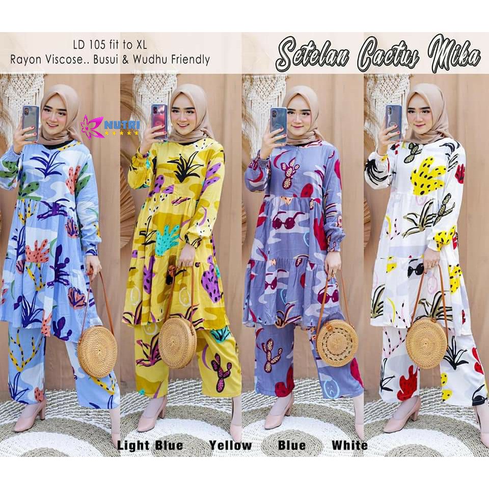 setelan cactus mika set rayon lengan panjang muslim motif homey cewek baju tidur piyama freya cia tm