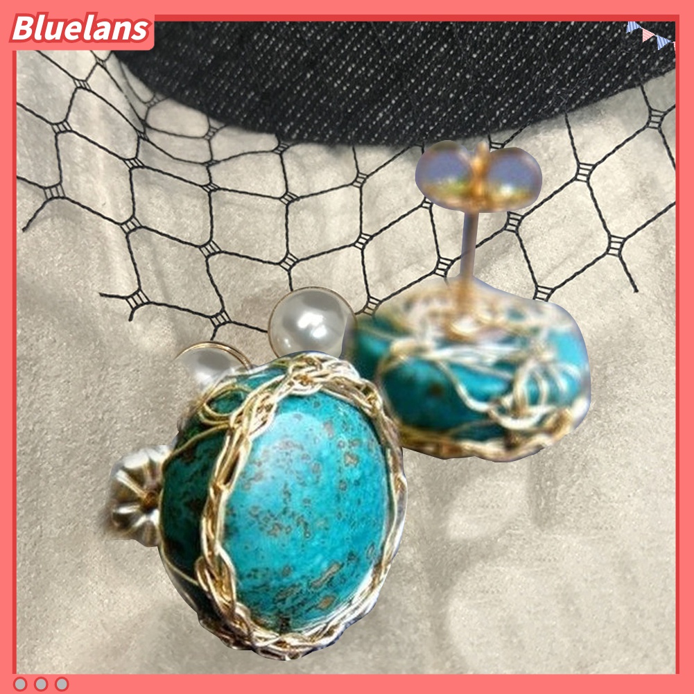 Anting Stud Bentuk Bulat Turquoise Imitasi Gaya Vintage Untuk Wanita