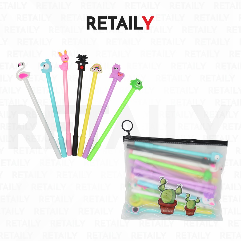 Retaily HL0078 Pena Karakter Set Pouch Isi 20 Pcs Tempat Pensil Transparan Zipper Bag