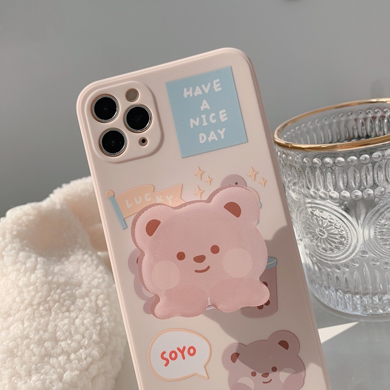 Soft Case Silikon Motif Kartun Beruang Dengan Popsocket Bracket Untuk Iphone 12 Mini 11 Pro Max X Xs Xr 8 7 Plus