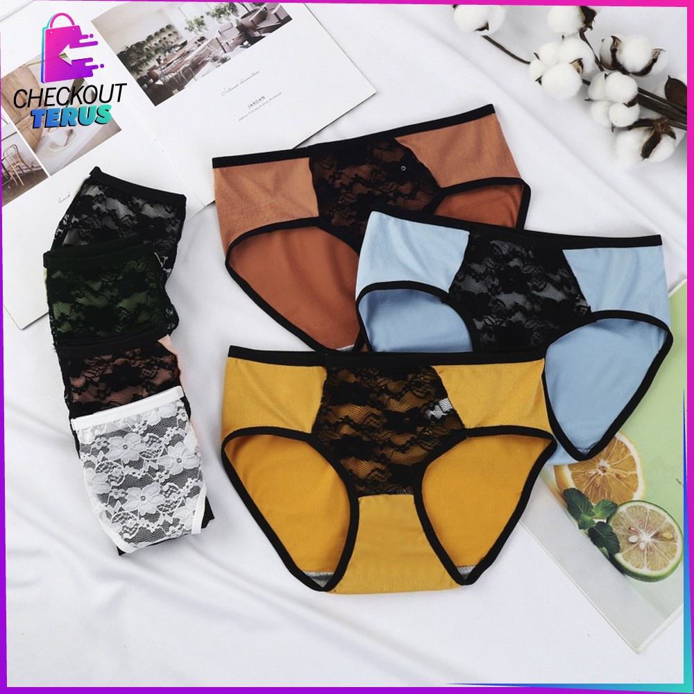 CT P130 Celana Dalam Wanita List Hitam Renda Bunga Motif Polos Kolor Dewasa Undies Wanita Import