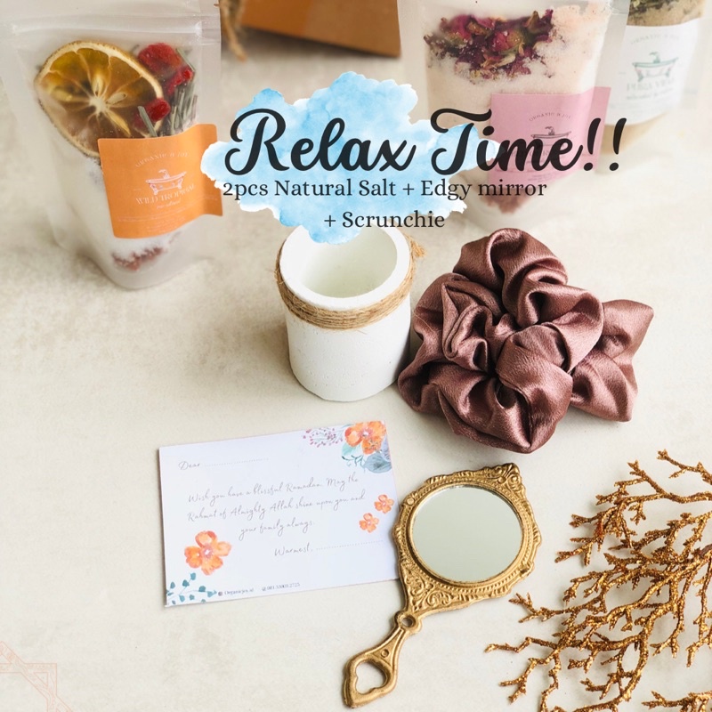 Orgnic&amp;Joy• Hampers Murah| Relax time (2pcs bath salt+scrunchie+mirror) Hampers lebaran,kado ultah,hampers ramadhan,souvenir,gift set