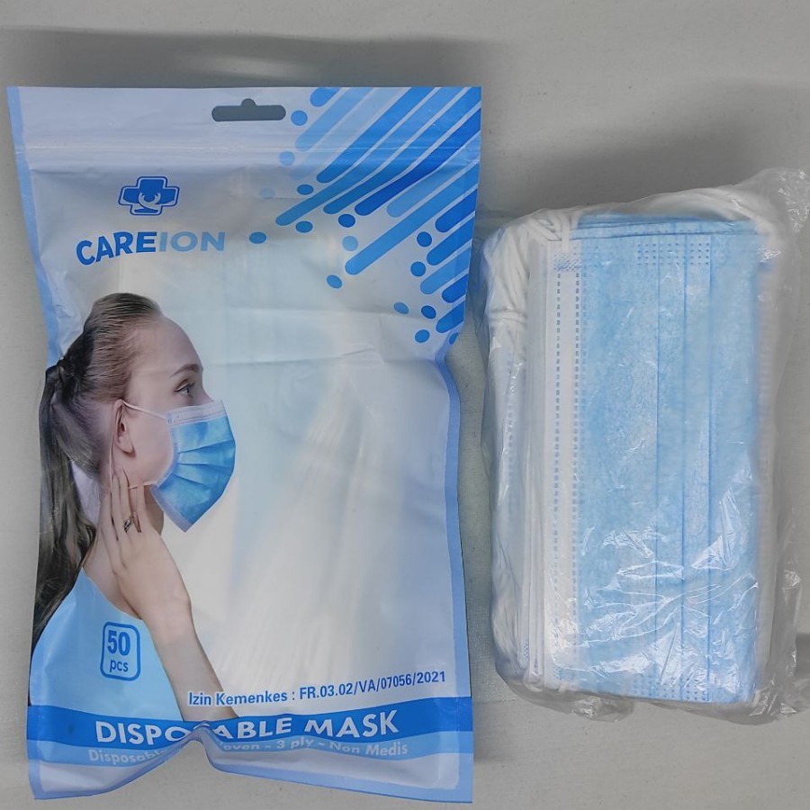 MASKER 3 PLY / FACE  MASK DISPOSABLE MASK ISI 50pc EARLOOP CAREION