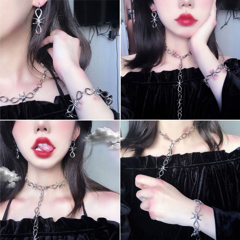 SIY  3Pcs Vintage Silver Punk Gothic Barbed Wire Brambles Chokers Necklace Bracelet Earrings Jewelry Set Men Women Jewerly