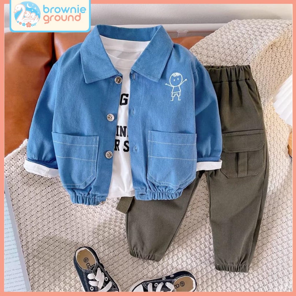 [COD]  Setelan 3in1 baju anak laki laki Model People outwear Black &amp; Blue baju impor premium/usia 0-4 tahun/ brownieground