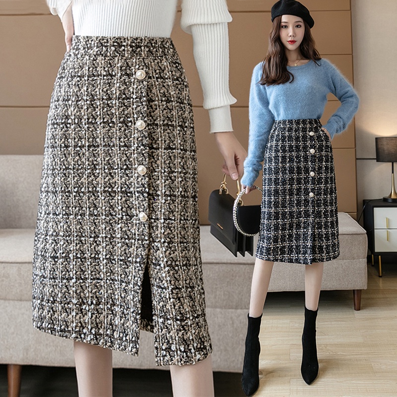 KARAKOREA 9977 Side Pocket Tweed Skirt/Korean Women Skirt/Rok Midi