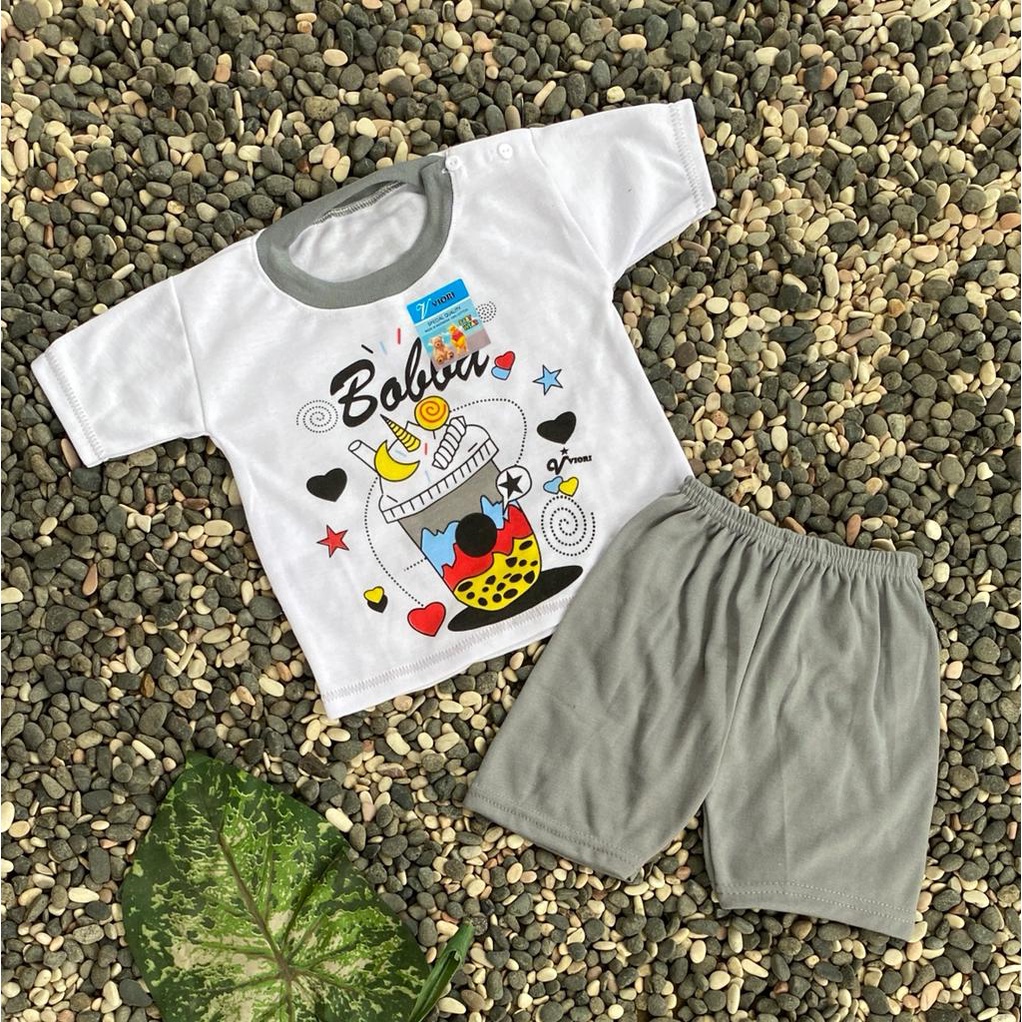 baju bayi lucu murah motif booba setelan PENDEK 3-18 bulan