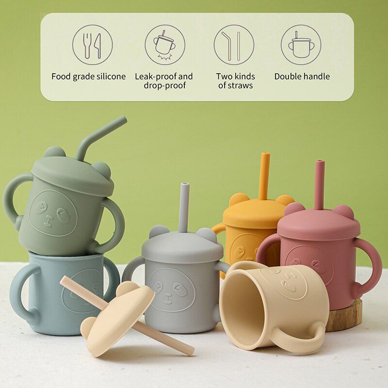 Gelas minum anak bayi silikon ada sedotan tutup dan gagang  BPA FREE / baby training cup silicone