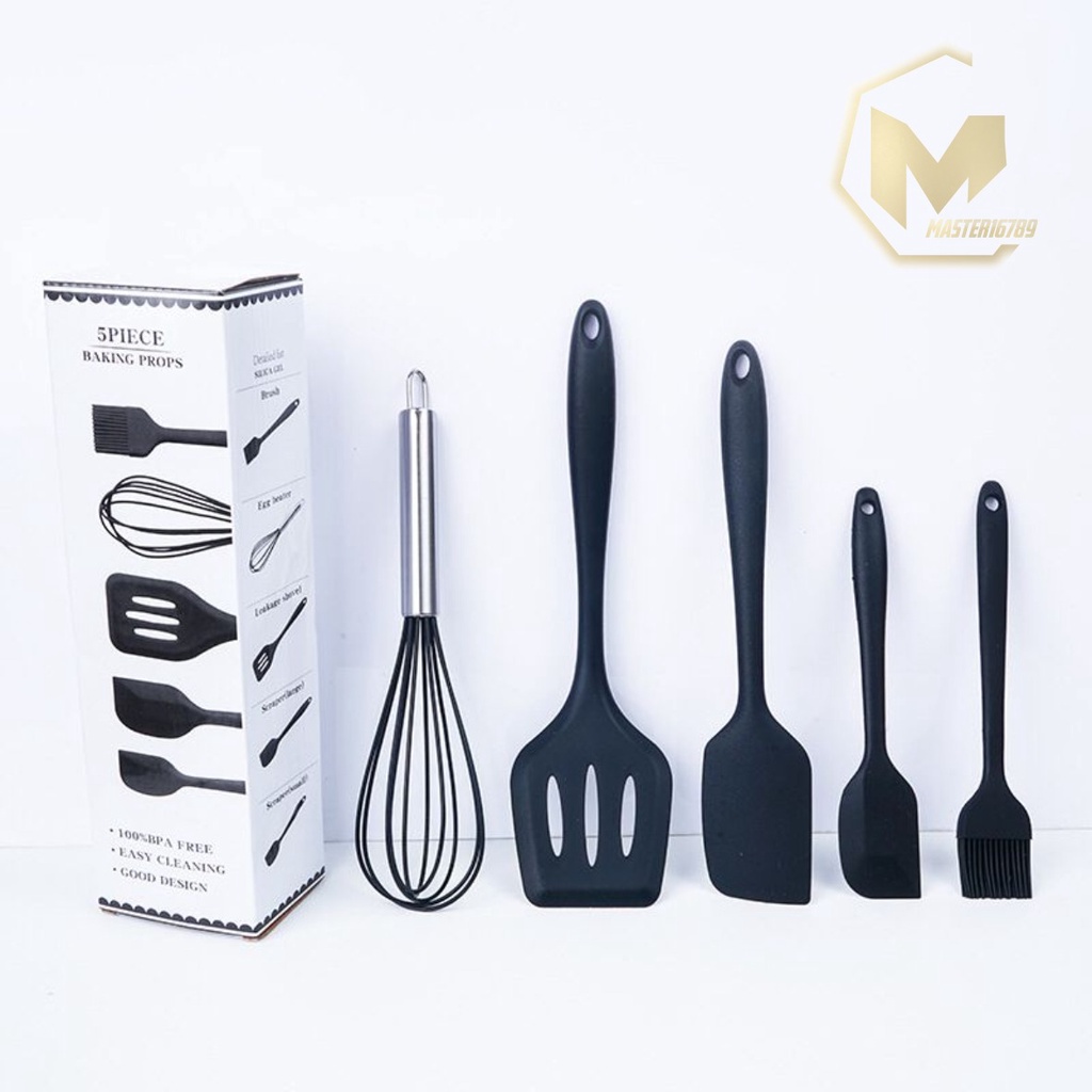 RT81 Alat Masak bahan silikon Silicone Utensil Spatula Cooking Baking Props Set 5pcs Peralatan Masak 5 in 1 Tahan Panas BPA Free MA2752