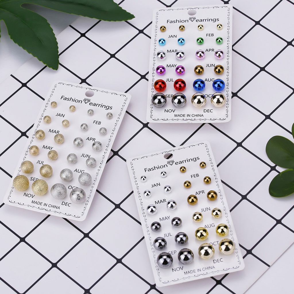 12 Pasang / set Anting Tusuk Aneka Bentuk Warna-Warni Untuk Wanita