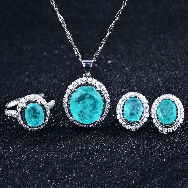 Brazil Paraiba Colored Gems Rings Ear Studs Pendant Set