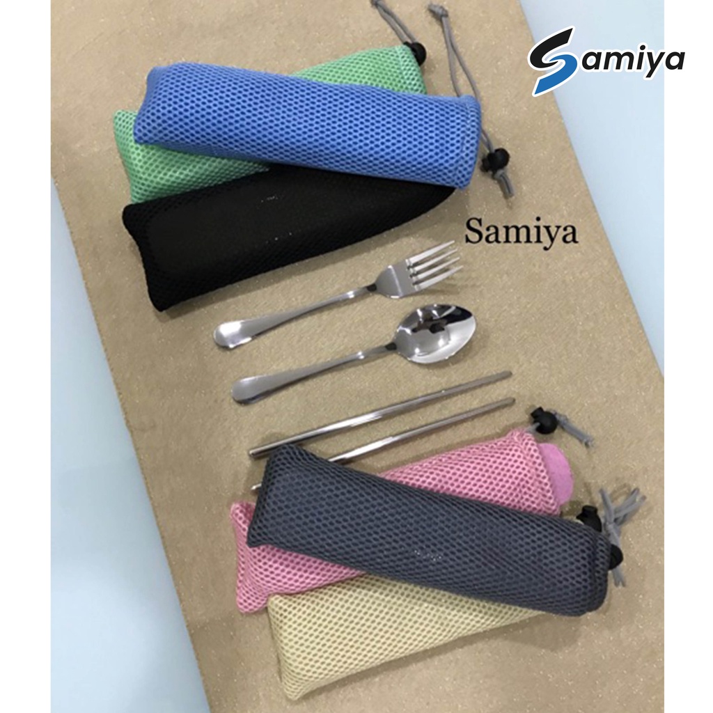 Sendok garpu sumpit stainless portable dengan pouch / paket alat makan portable set