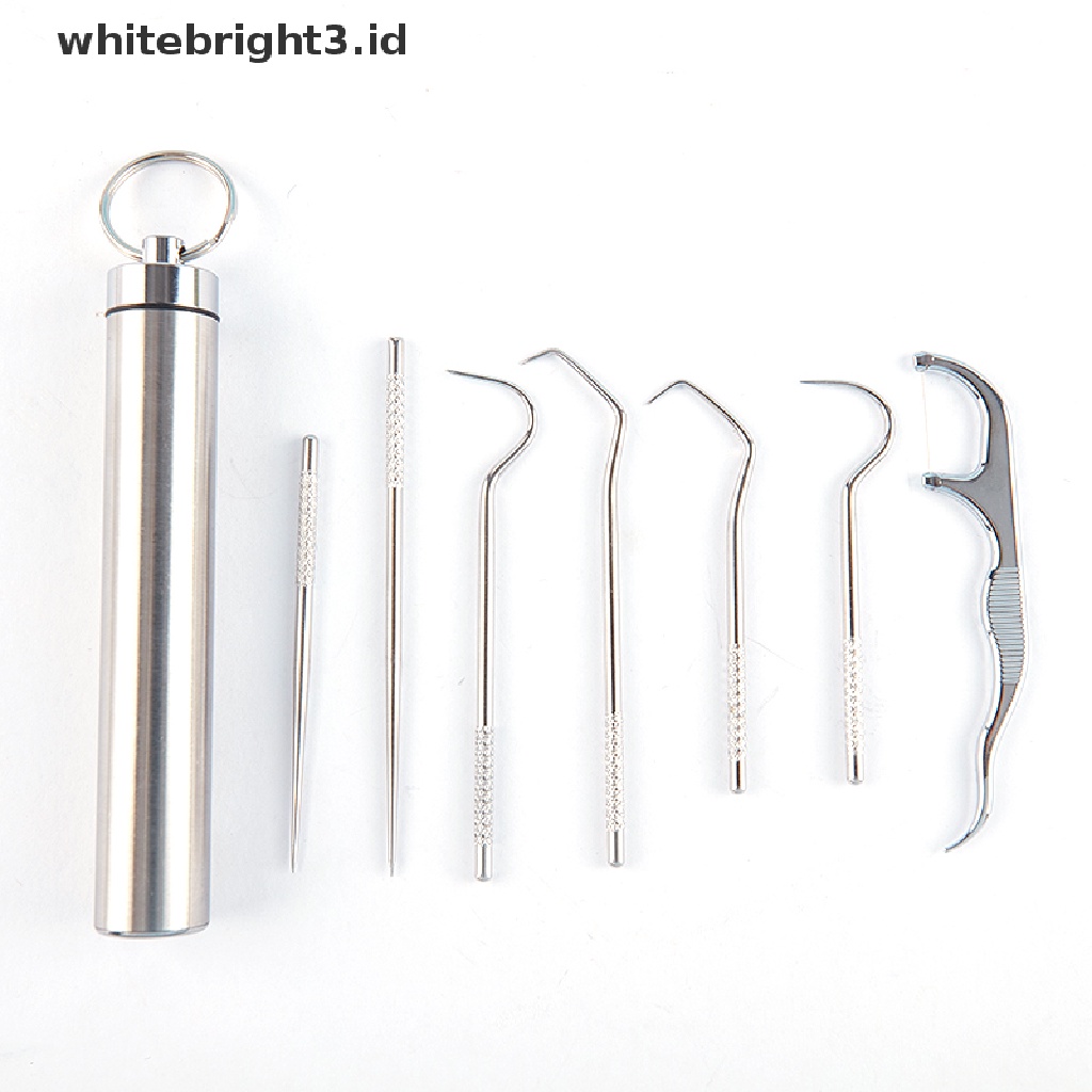 (whitebright3.id) 8pcs / Set Tusuk Gigi Stainless Steel Portable Reusable Untuk Outdoor / Piknik