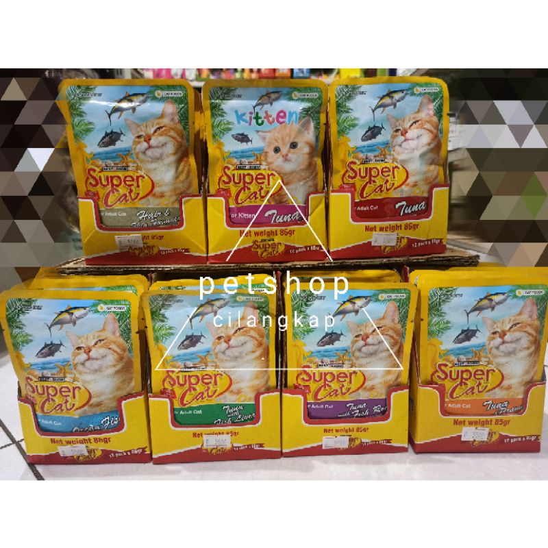 super cat pouch 85gr all varian makanan sachet supercat