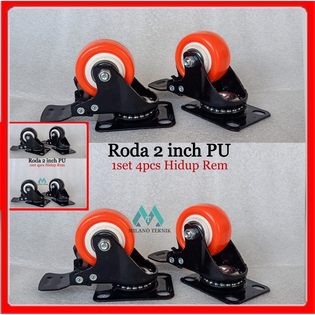 Roda 2 inch PU+Bearing (1set:4pcs Hrem) caster Troli Rubber karet 2&quot;