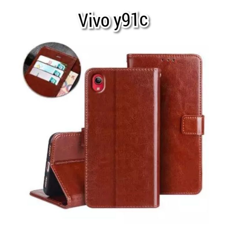 FLIP CASE DOMPET KULIT POLOS VIVO Y91C/ Y1S