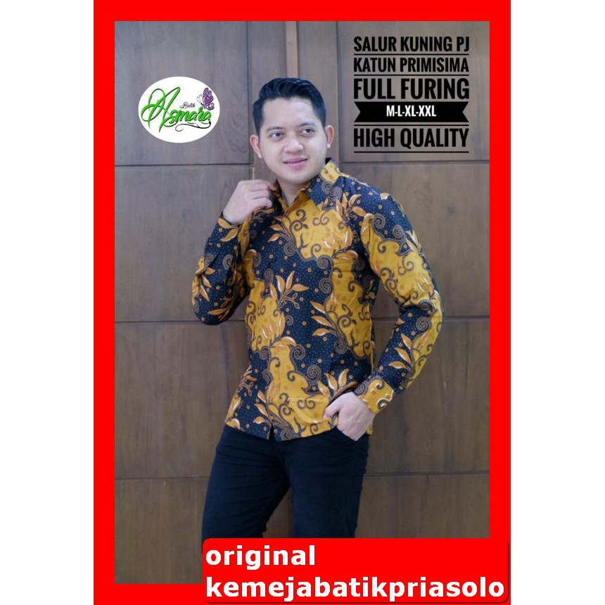 ATASAN KEMEJA BAJU BATIK PRIA SOLO LENGAN PANJANG FULL FURING PREMIUM Asmara Salur Kuning Dierja