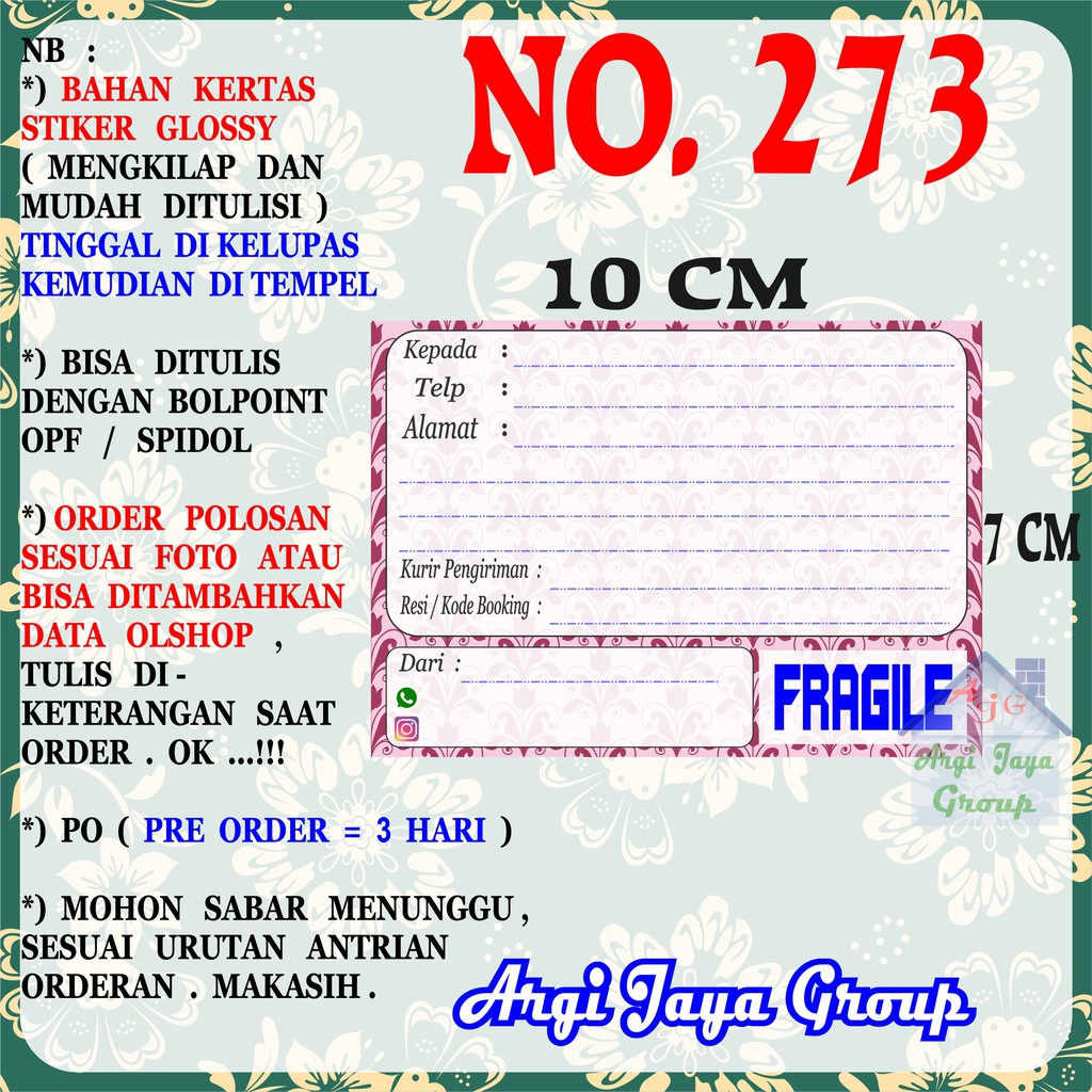 

Stiker Pengiriman - Sticker Alamat Olshop Murah Nomer 273 - 10x7 cm - Glossy