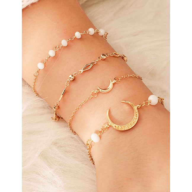 LRC Gelang Tangan Fashion Gold Alloy Chain Rice Beads Horns Crescent 4 Layer Bracelet D09310