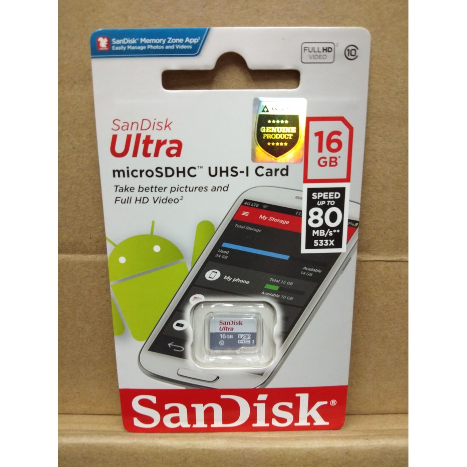 Sandisk Ultra Micro SD 16GB 80Mb/s Non Adaptor