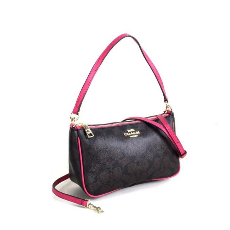 COACH SIGNATURE TOP HANDLE POUCH DARK BROWN LIST PINK(C36674)