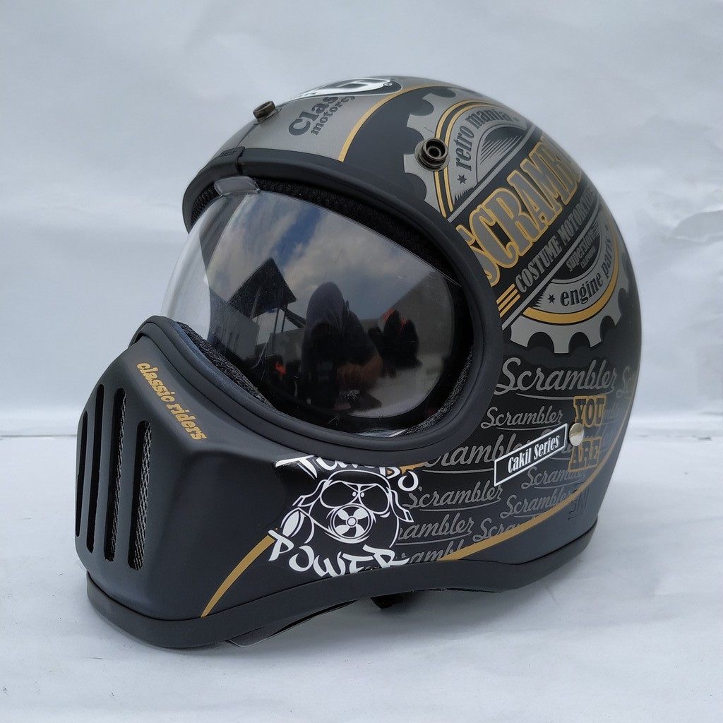 Helm Cakil HBC Scrambler Black + Inner Visor ( Fullface / Retro / Klasik / Vespa )