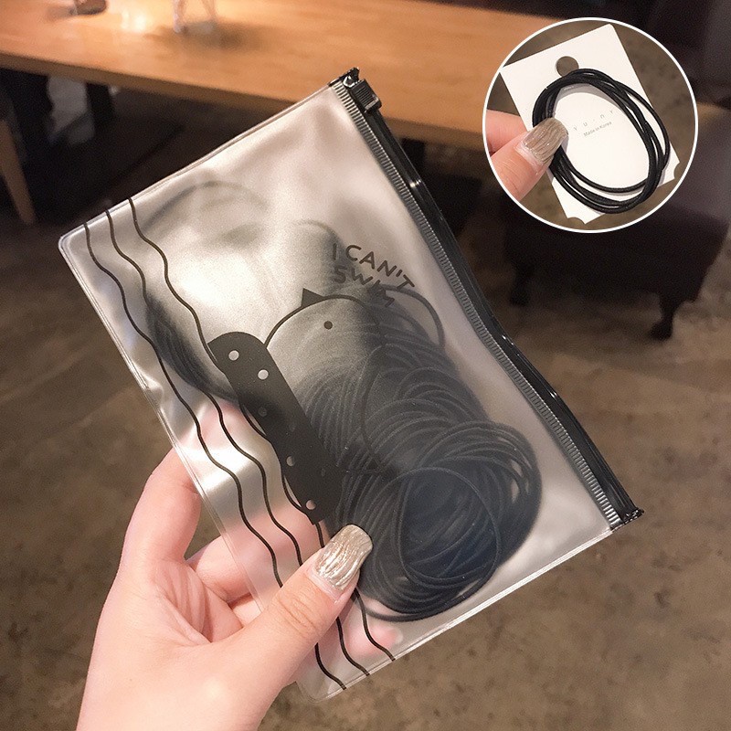 FREE POUCH Ikat Rambut Karet Gelang Hitam Polos Elastis Gaya Korea Untuk Wanita Isi 100Pcs