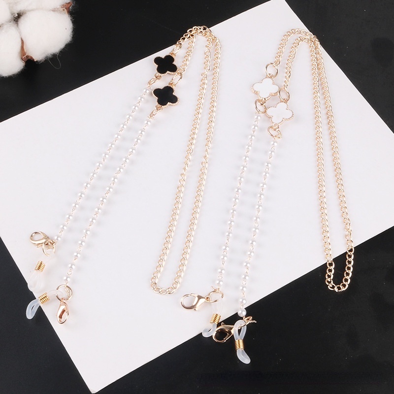 72cm Glasses chain four-leaf clover black gem metal chain hanging neck double buckle mask anti-lost rope